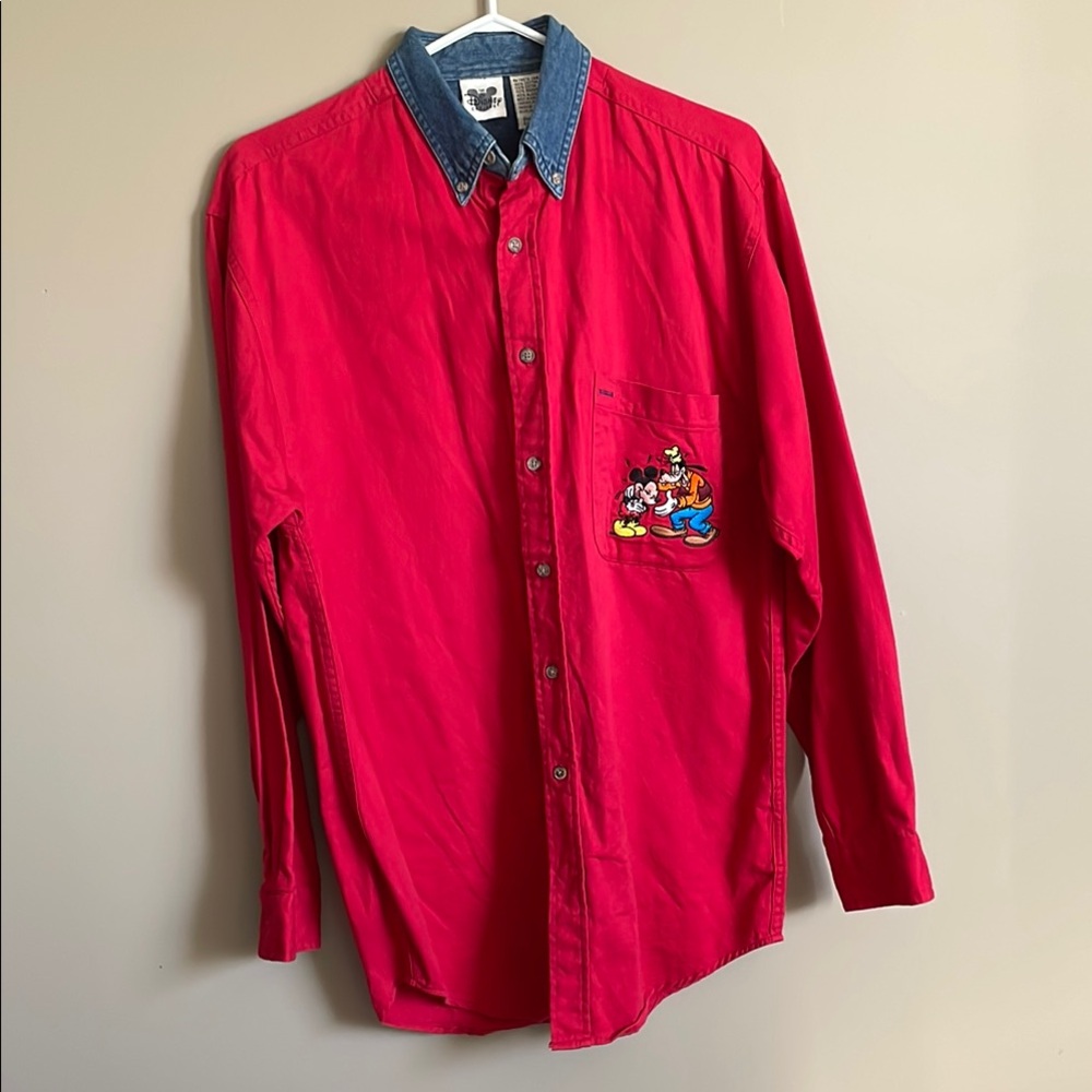 Vintage Disney Red Button-Down Shirt with Denim Collar